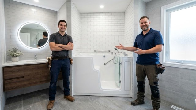 Walk-In Bathroom Tubs Columbia MD installer with a customer in their bathroom